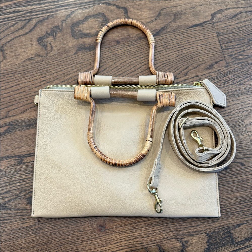 Beau & Ro Tan Clutch with Woven Handles and Crossbody Strap